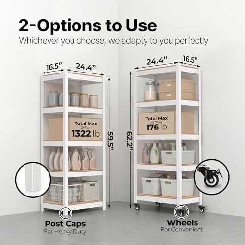 House White 24.4" W 5 Tier Rolling Storage Shelves Metal Cart (White / (Wheels) 24.4"W x 16.5"D)