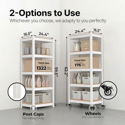 House White 24.4" W 5 Tier Rolling Storage Shelves Metal Cart (White / (Wheels) 24.4"W x 16.5"D)