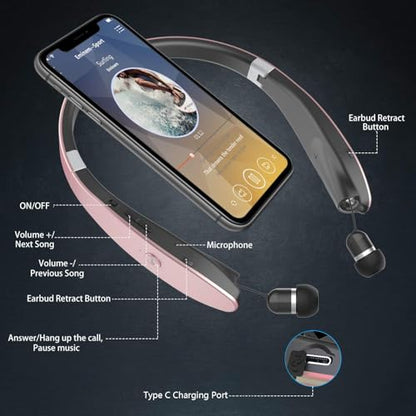 Foldable Bluetooth Headphones Wireless Neckband Headset with Retractable Earbuds (Rose Gold)