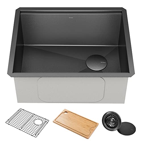 Kore 23 Inch Undermount Workstation 16 Gauge Black Stainless Steel Single Bowl Kitchen Sink in PVD Gunmetal Finish with Accessories (PVD Gunmetal / 23 inch / Sink)