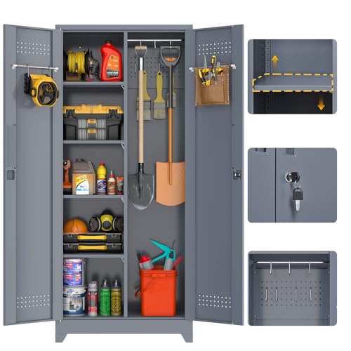 72'' Metal Utility Storage Cabinet with Pegboard & Tool Hanging Bars (Grey / 72.8"H Broom Cabinet)