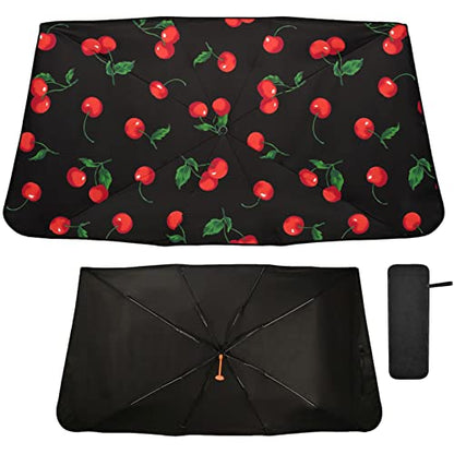 Cherry Black Windshield Sun Shade Umbrella Watercolor Fruit Leaves Foldable Car Front Window Sunshade Blocks UV Rays Heat Keep Vehicle Cool (multi 10)