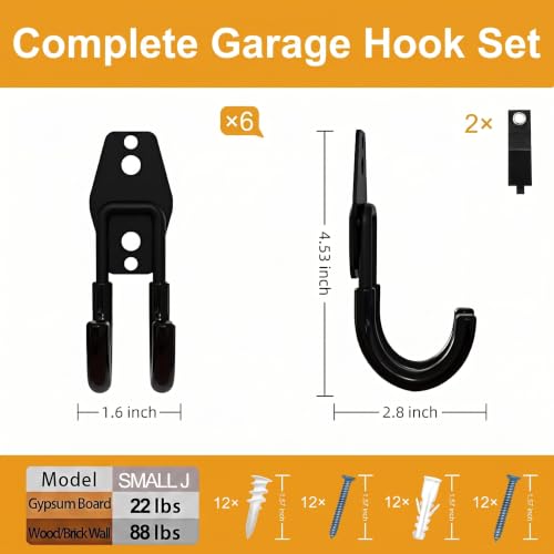 Garage Hooks 6 Pack Small Round Wall Hooks for Hanging Heavy Duty Ladders (Black / Small Round-6pcs)