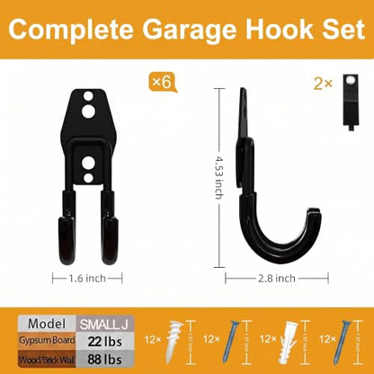 Garage Hooks 6 Pack Small Round Wall Hooks for Hanging Heavy Duty Ladders (Black / Small Round-6pcs)