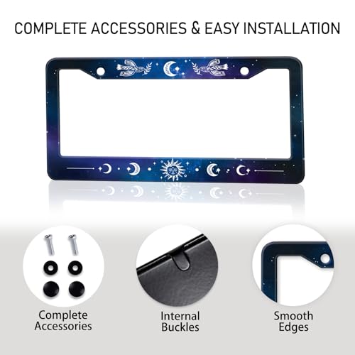 Galaxy License Plate Frame Sun Doves Moon Phase Blue Starry Sky Night Car Tag Holders Cover Metal Aluminum Rustproof Star Car Accessories for Women with Screw Caps (Starry Sky Sun Moon)