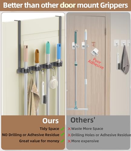 Broom Holder Over The Door with Hooks (Space grey)