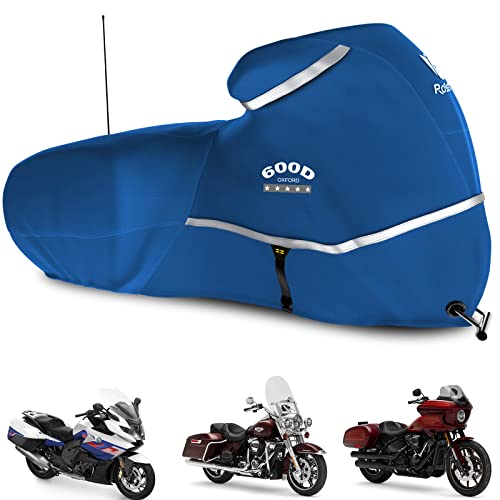 Motorcycle Cover with Side Box Heavy Duty 600D Waterproof for Touring Models Harley Davidson Road King (Blue / Side Box)