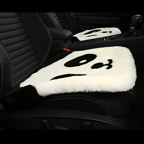 Genuine Sheepskin Car Seat Cushion Seat Covers for Cars Trucks SUV Comfort Seat Protector Pad for Car Driver Seat Car Accessories for Women Office Chair Car Decor (Panda / Front Seat Cushion-1 Pc)