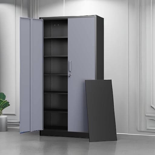 Metal Storage Cabinets with Lock Door and 5 Adjustable Shelves (71 X 32 X 16 In(H X W X D) / Black Grey)