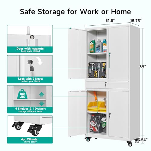 White Metal Storage Cabinet with Wheels and Drawer (73"H x 31.5"W x 16"D / White)