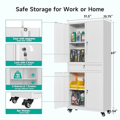 White Metal Storage Cabinet with Wheels and Drawer (73"H x 31.5"W x 16"D / White)