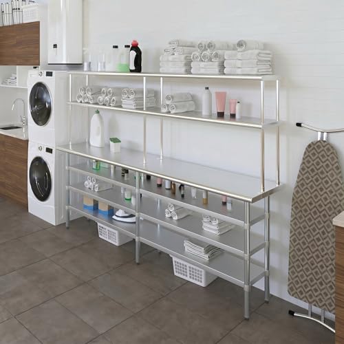 18" x 96" Stainless Steel Work Table with 3 Shelves and 12" Wide Double Tier Overshelf (18" x 96" Table with 3 Shelves + 12" Overshelf)