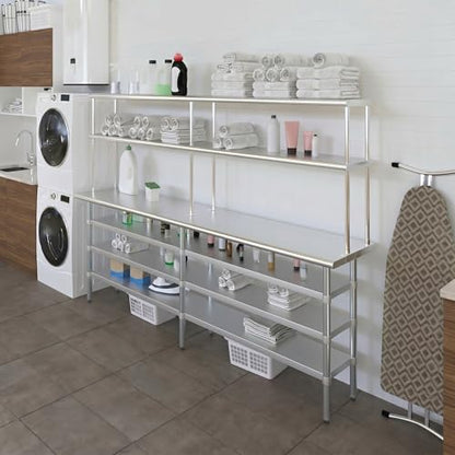 18" x 96" Stainless Steel Work Table with 3 Shelves and 12" Wide Double Tier Overshelf (18" x 96" Table with 3 Shelves + 12" Overshelf)