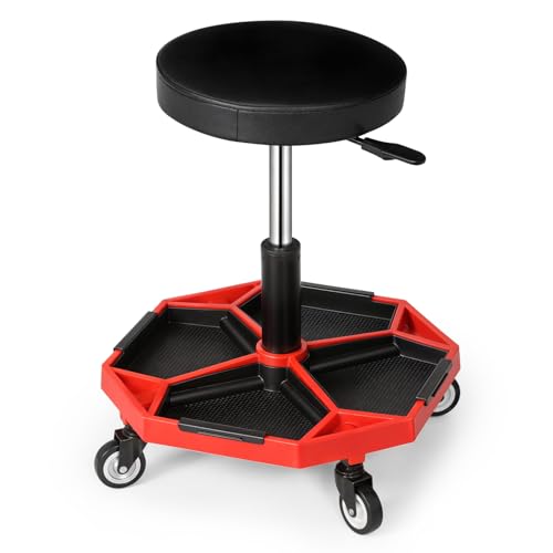 Adjustable Mechanics Stool with Wheels (Red)