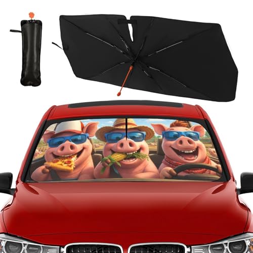Funny Pig Car Windshield Sun Shade Umbrella Bendable Handle Foldable Animal Sunshade for Car Windshield Block UV Rays Keep Vehicle Cool for Most Sedans SUV Trucks Cars 57"x30" (147*75cm,33*11cm / Funny Pig)