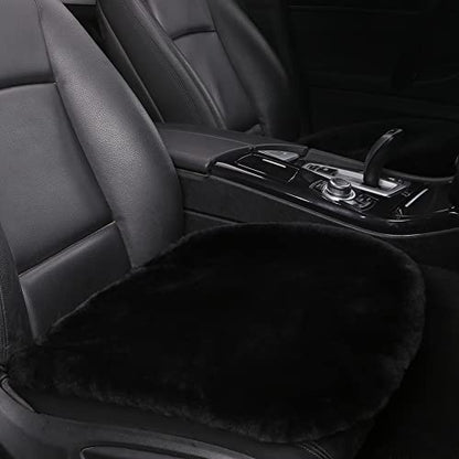 Genuine Sheepskin Car Seat Cushion Seat Covers for Cars Trucks SUV Comfort Seat Protector Pad for Car Driver Seat Car Accessories for Women Office Chair Car Decor (Black / Front Seat Cushion-1 Pc)