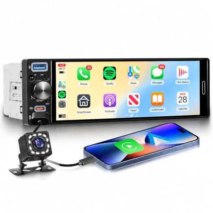 Single Din Stereo Receiver 6.5'' Touchscreen Wireless CarPlay Android Auto
