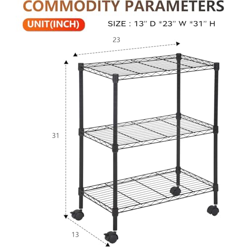 3 Tier Wire Shelf with Wheels (Black / 23"D x 13"W x 31"H)