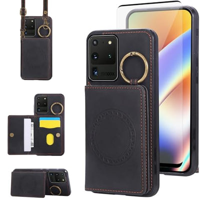 Compatible with Samsung Galaxy S20 Ultra 5G Wallet Case Screen Protector Crossbody Shoulder Strap Ring Buckle Stand Card Holder Magnetic Car Mount Phone Cover for S20ultra 20ultra G5 Women Men Black (Black / for S20 Ultra)