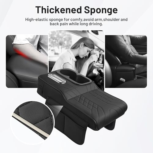 4-in-1 Center Console Cover for Tesla Model Y/Model 3 2020-2026 Accessories Armrest Cushion with Multi-Purpose Storage Leather Middle Console Cover for Model Y Juniper/Model 3 Highland (12)20-26|Model Y&3|Black,+Thick,+ Pockets)