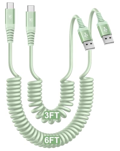 Coiled USB A to USB C Cable for CarPlay [3FT+6FT] (3FT+6FT / Green)