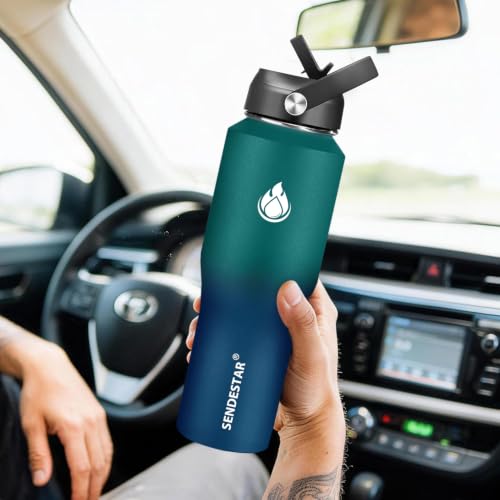 32oz Water Bottle Wide Mouth Stainless Steel Vacuum Insulated Double Wall with Straw Lids Fit in Any Car Cup Holder (Green & Blue / 32 Ounces)