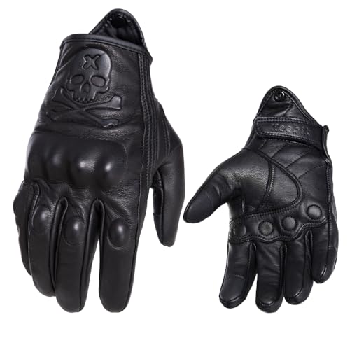 Goatskin Leather Motorcycle Motorbike Powersports Racing Gloves Reflective Skull Touchscreen for Men and Women Model (HEE7 / Small)