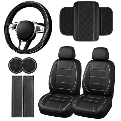 10 PCS Leather Car Seat Covers Front Seats Set (Steering Wheel Cover Set / Black and grey)