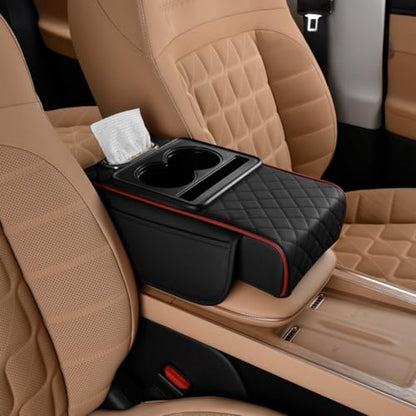 Car Center Console Cover Booster Multifunctional Car Center Console Cushion Pad with Cup Holder & Tissue Box & Side Pockets Arm Rest Cover for Car (Quilting / Black&red)