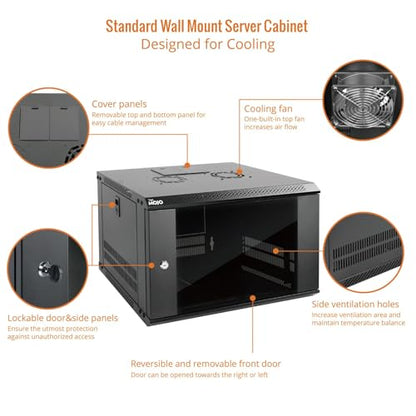6U Wall Mount Server Cabinet IT Network Rack Enclosure Lockable Door and Side Panels Black (6U/Glass Door / Black)