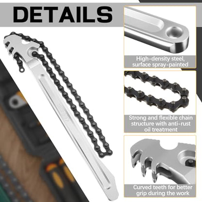 3 Pcs Large Reversible Chain Oil Filter Wrench with 12 16 9 Inch Chain Wrench Adjustable Heavy Duty Carbon Steel Sturdy Pipe Fitting Tool Spanner for Ratcheting Universal (Silver)