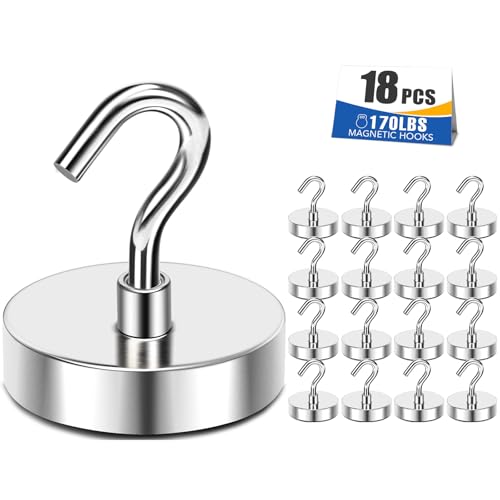 Magnetic Hooks 170lbs Strong Magnets Hook 18 Pack (Silver / 18pack-170lb)