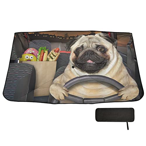 Fun Pug Dog Driving Windshield Sun Shade Umbrella Foldable Car Front Window Sunshade Blocks UV Rays Heat Keep Vehicle Cool (multi 26)