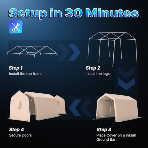 8x14 ft Steel Metal Peak Roof Portable Garage Shelter Storage Shed Carport for Motorcycle (Beige / 8'x14')