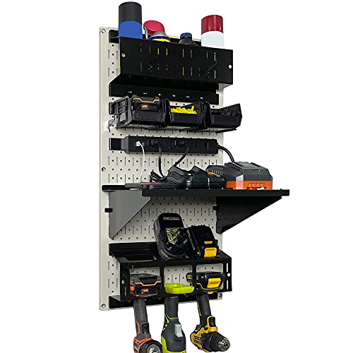 Power Tool Storage Organizer Kit Cordless Drill Holder Charging Station Rack 16” x 32” Metal Pegboard Organization System (Beige Pegboard)