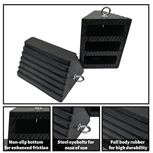2 Pack Wheel Chocks Rubber Heavy Duty Black with Eyebolt (2 Pc Large with Eyebolt)