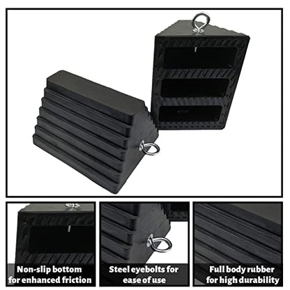 2 Pack Wheel Chocks Rubber Heavy Duty Black with Eyebolt (2 Pc Large with Eyebolt)