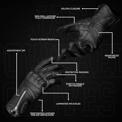Leather Motorcycle Motorbike Knuckle Protection Powersports Gloves (Black/Zip / XX-Large)