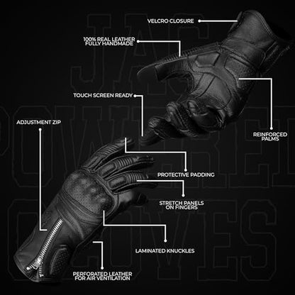 Leather Motorcycle Motorbike Knuckle Protection Powersports Gloves (Black/Zip / Small)