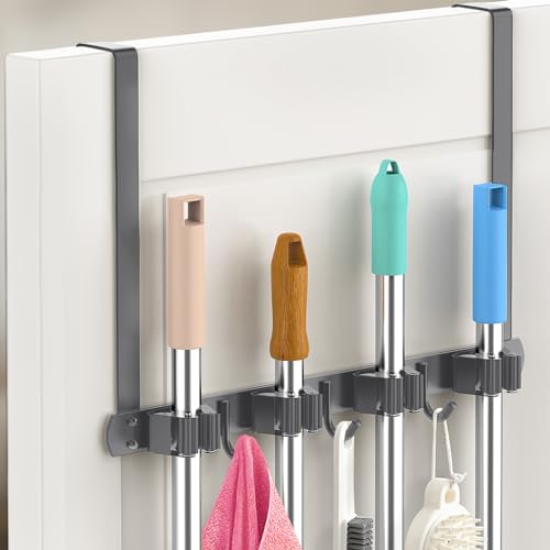 Broom Holder Over The Door with Hooks (Space grey)