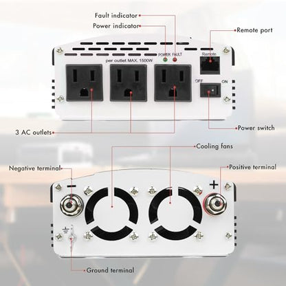 EL3724 2000W Slim Line AC to DC Power Inverter 2000W TrueRated Continuous 4500W Surge Power DC 12V to AC 110V Power Inverter with 3 AC Outlets and 2A USB Charging Port (2000W - 12V)