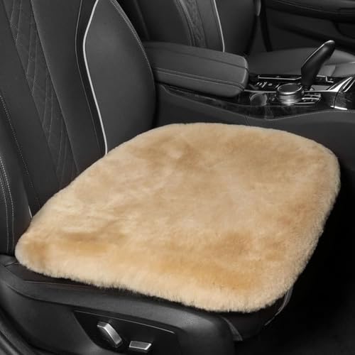 Genuine Sheepskin Car Seat Cushion Seat Covers for Cars Trucks SUV Comfort Seat Protector Pad for Car Driver Seat Car Accessories for Women Office Chair Car Decor (Khaki / Front Seat Cushion-1 Pc)