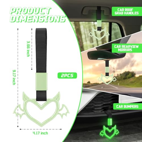 2 Pcs Devil Heart Shaped Car Handle Strap (Luminous Green-Wing)