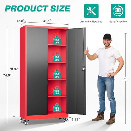 75" Tall Metal Storage Cabinet with Wheels (75"H x 31.5"W x 16"D / Red Black)