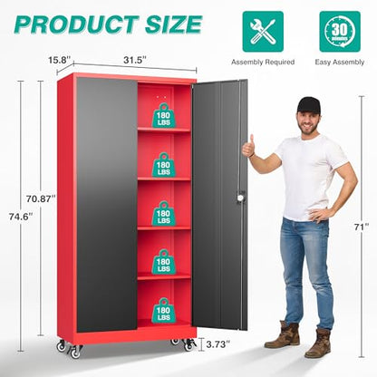 75" Tall Metal Storage Cabinet with Wheels (75"H x 31.5"W x 16"D / Red Black)