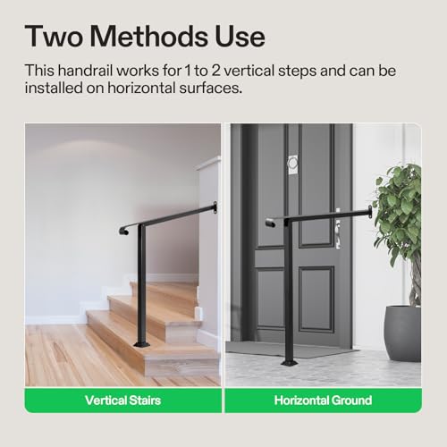 2 Step Stair Handrail 32"x39" Wrought Iron with 1 Curved End Black (Black / 2 Steps)