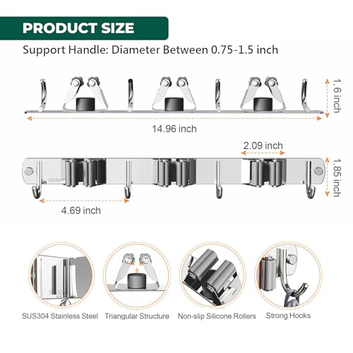 Mop and Broom Holder Wall Mount for Kitchen Garden Laundry Garage (Silver / 3 Racks with 4 Hooks)