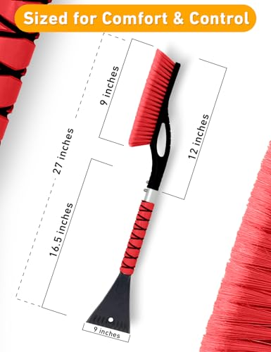 27" Snow Brush with Ice Scraper for Car Windshield 2 Pack Red (Red & Red)