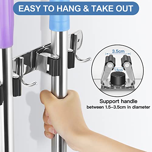 2 Pack Broom Holder Wall Mount Stainless Steel Mop Organizer (Stainless Steel - 4 Racks with 5 Hooks / 2 Pack)
