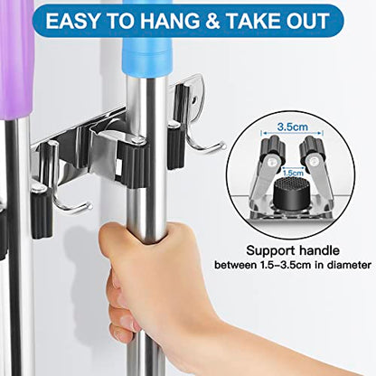 Broom Holder Wall Mount Stainless Steel Mop Organizer (Stainless Steel - 4 Racks with 5 Hooks / 1 Pack)